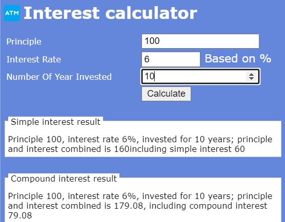 Simple and compound interest calculator screenshot